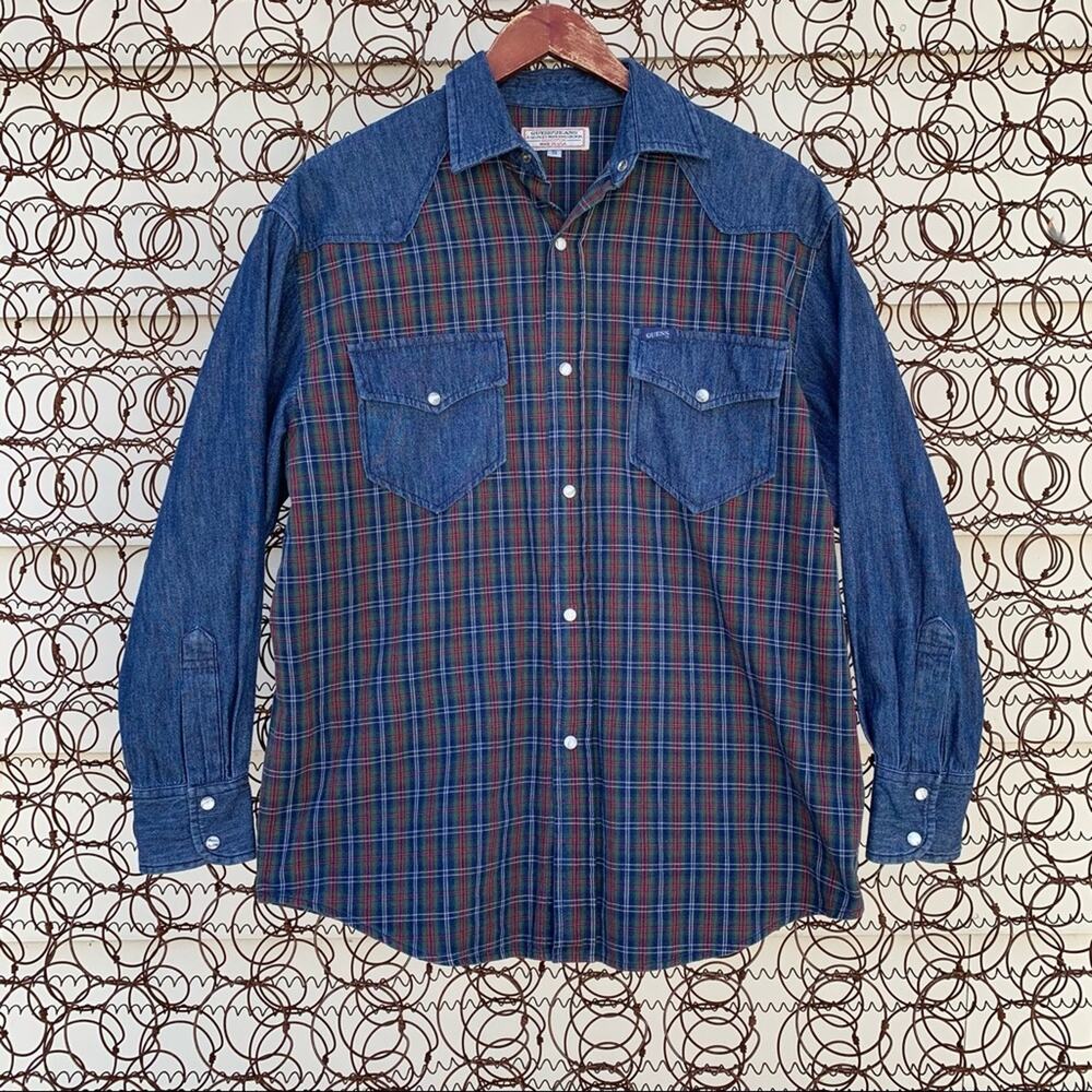 VTG 90s Guess Jeans plaid flannel and denim button up long sleeve shirt SMALL